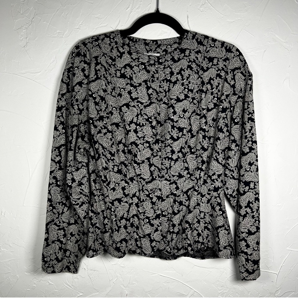 Vintage Laura Ashley Floral Print Blouse | Black & White Long Sleeve Cottagecore